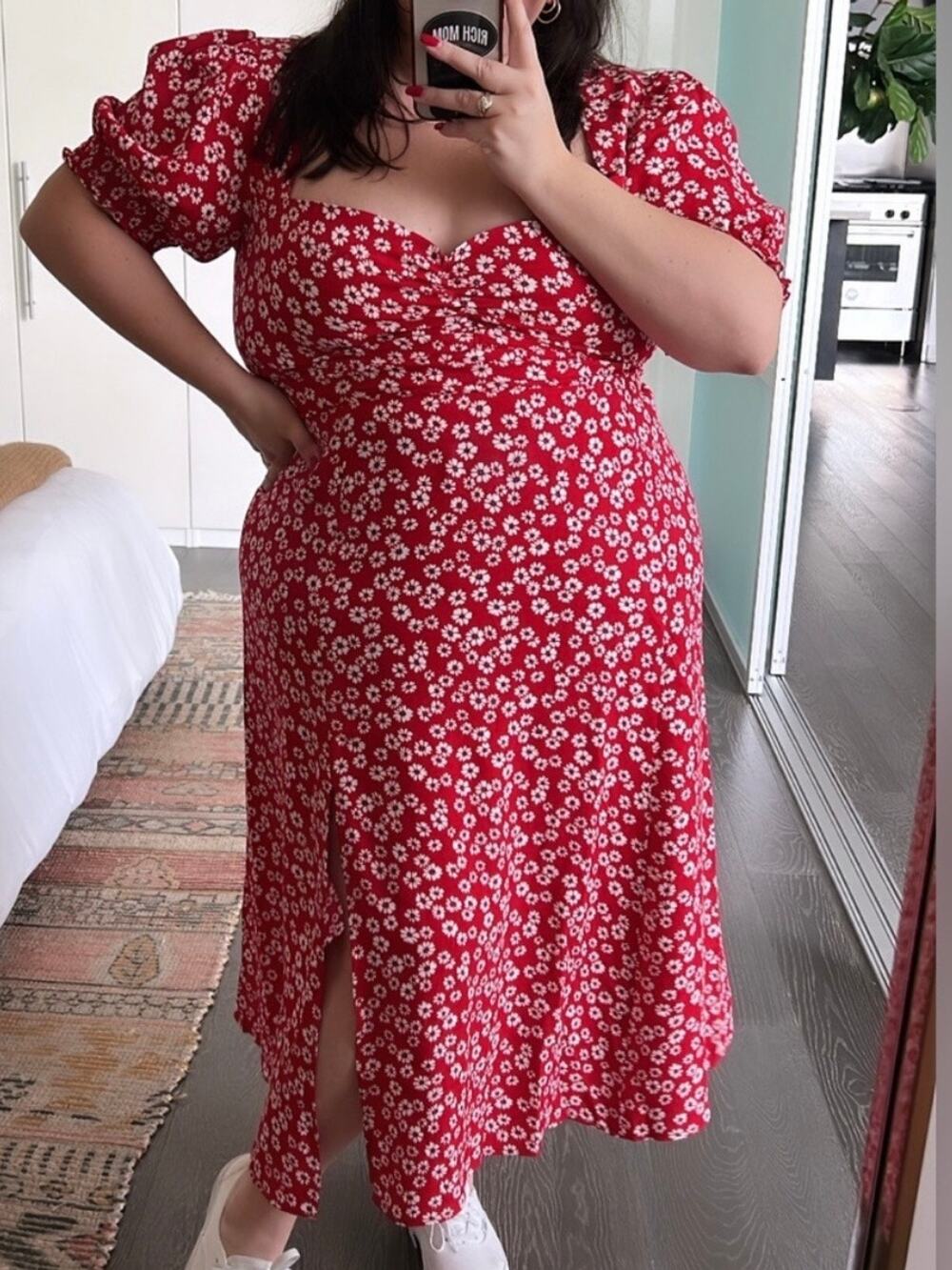 REFORMATION Sz 22 Lacey Dress Jenna Red Floral Puff Sleeve Thigh Slit Plus Size